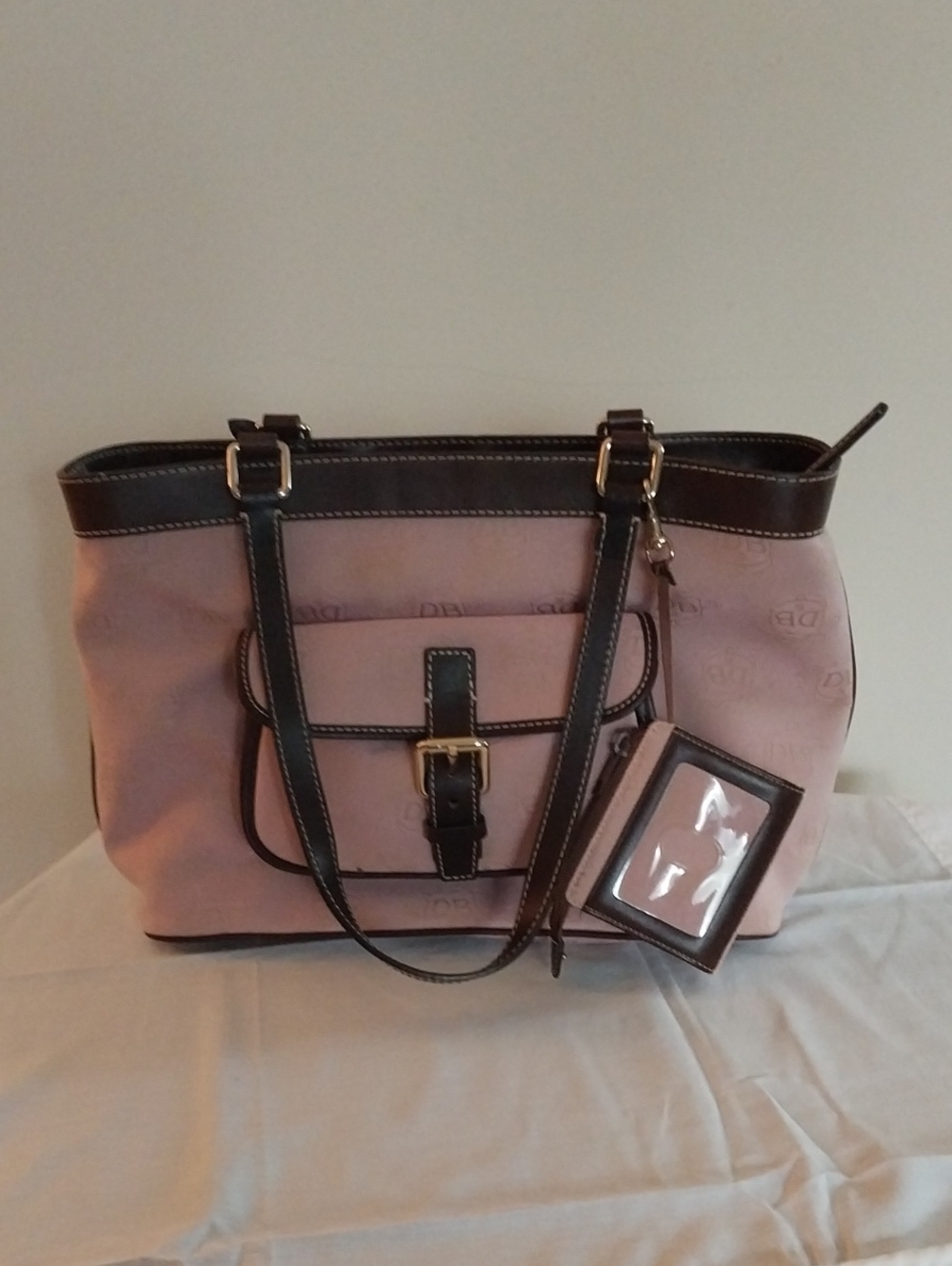 Dooney & Bourke Pink Shoulder Tote with Dark Brown Trim